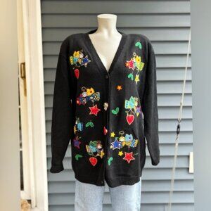 Vintage Quacker Factory Black Holiday Christmas Angel Cardigan Sweater~L~
